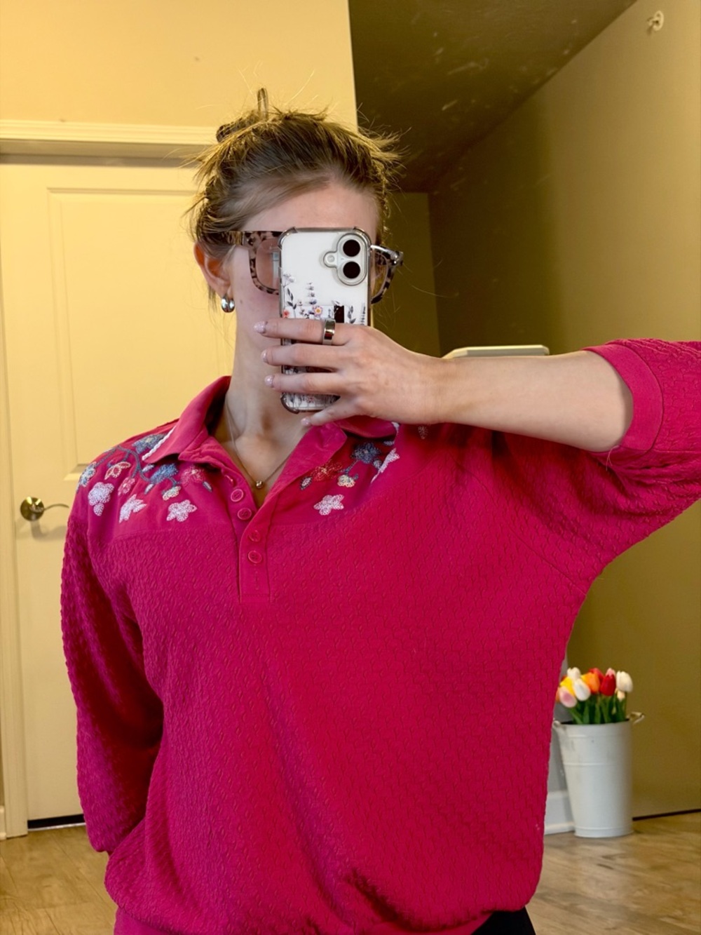 Vintage Koret Hot Pink Embroidered Terry Collar Pullover